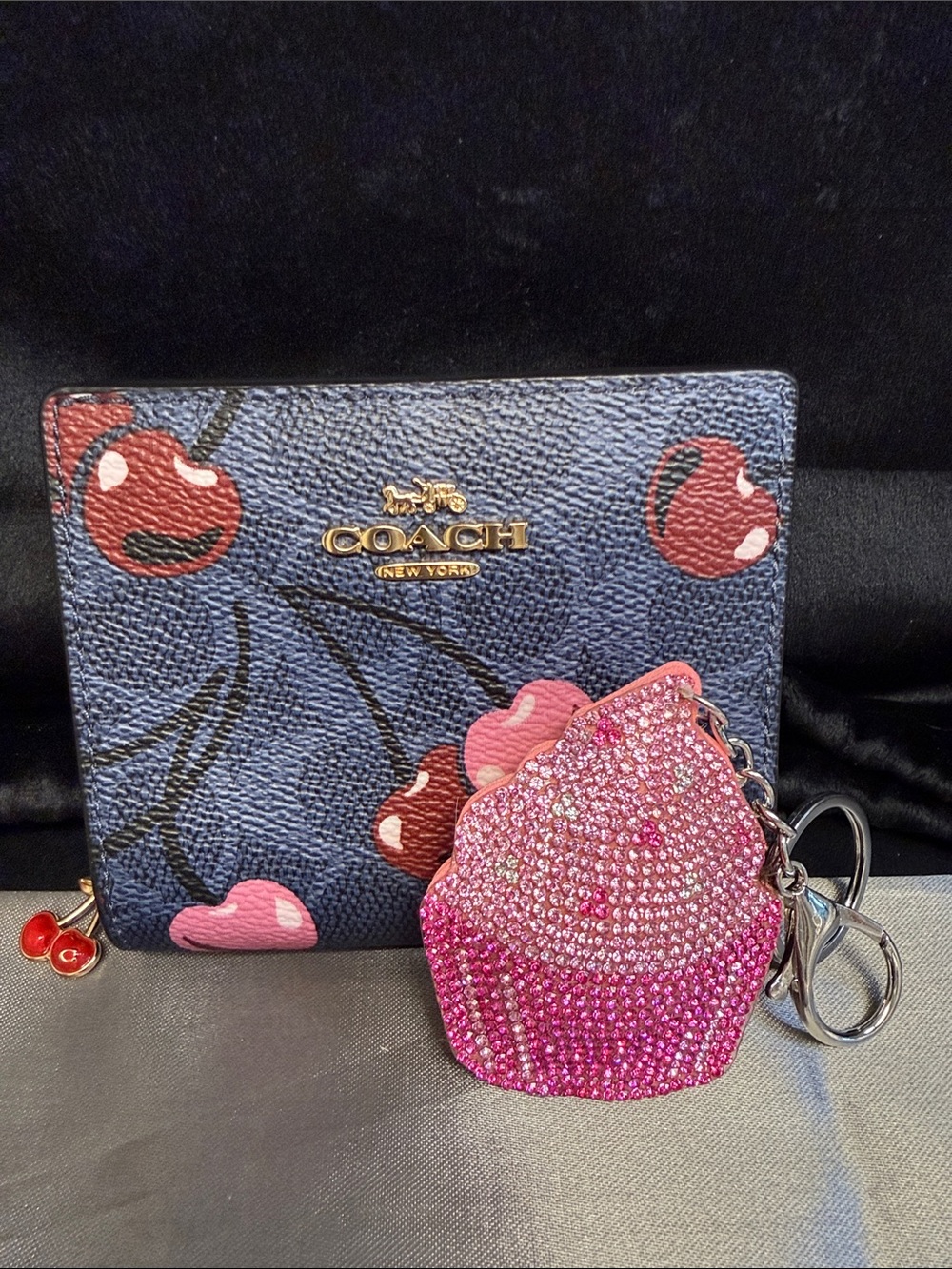 Coach Navy Cherry Print Small Wallet with Pink and Red Accents New w Tags